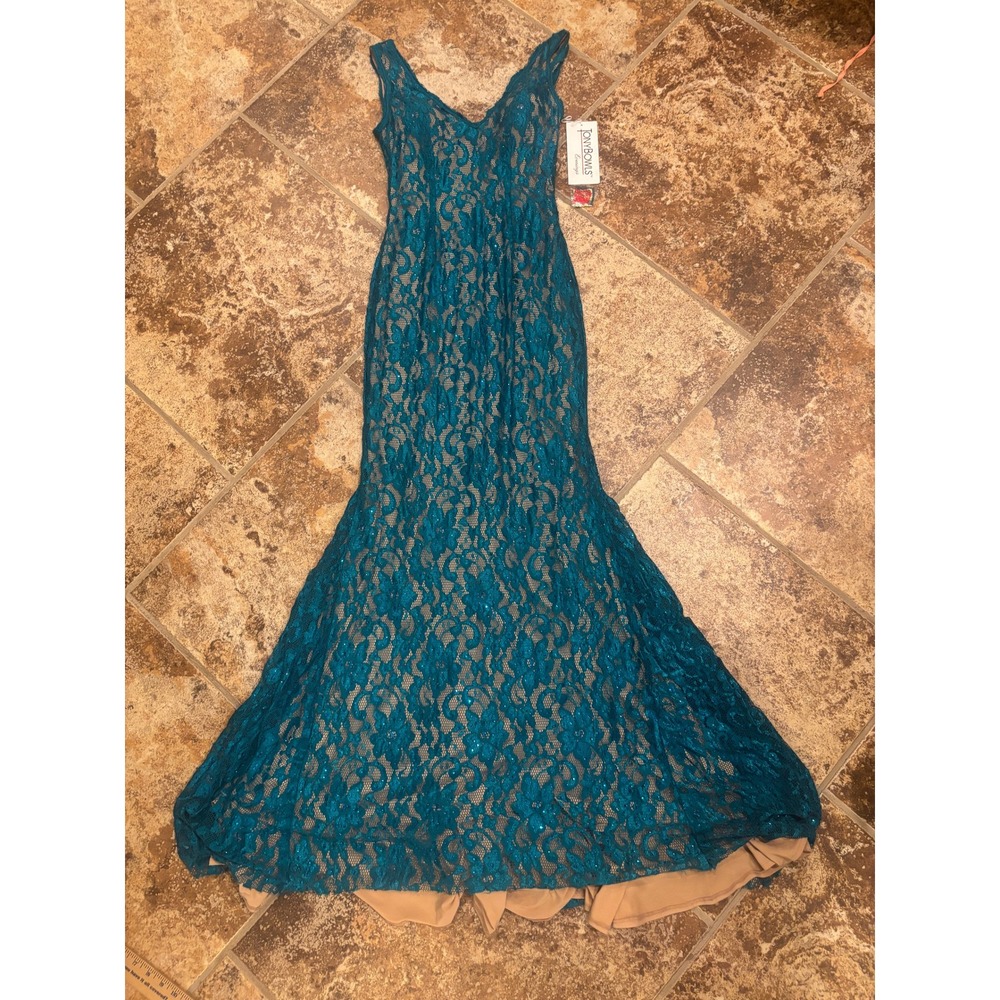 Tony Bowls Gown Dress Women 4 Teal Lace Sequin Mermaid V-Neck Open Back TBE21511